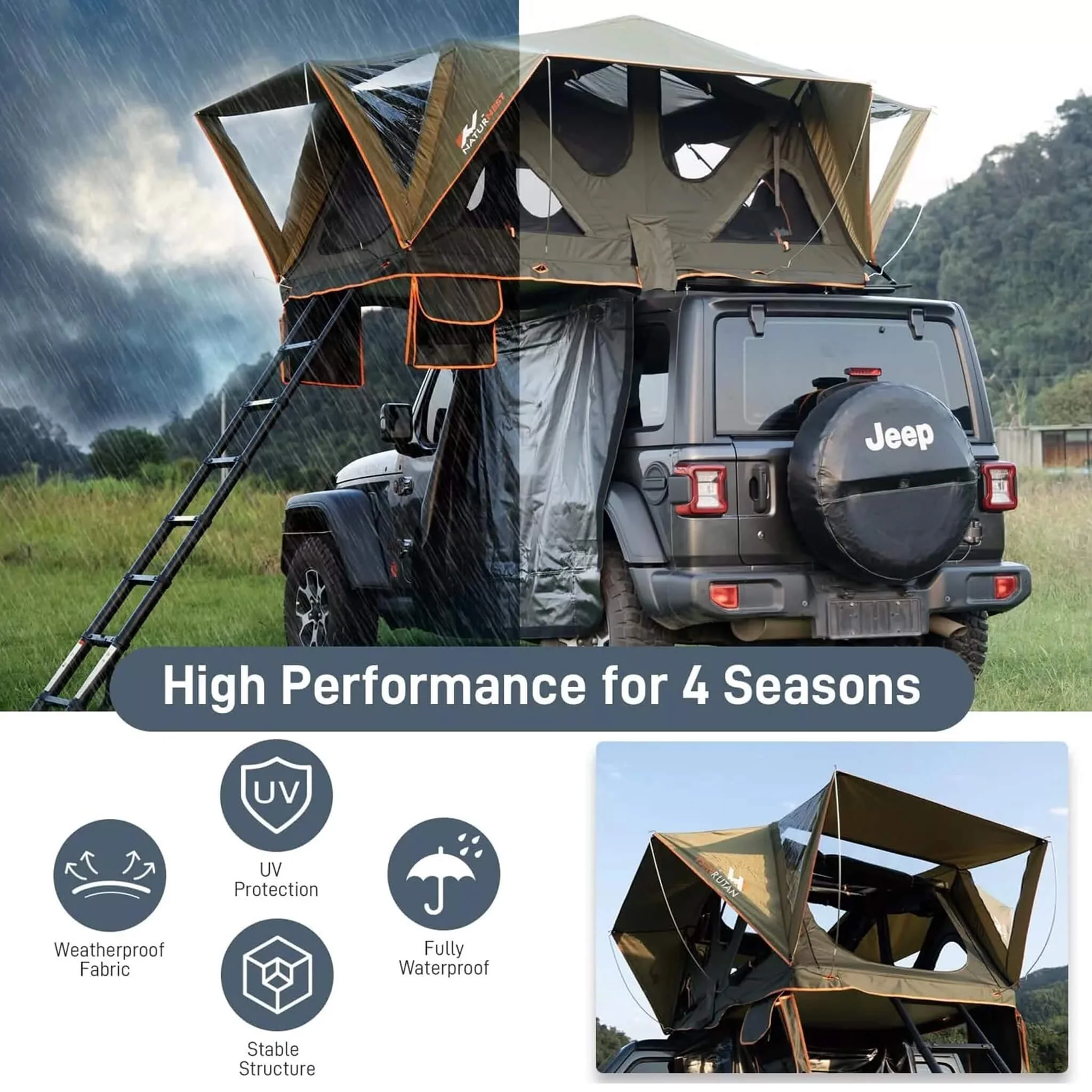 Naturnest Andromeda Green Soft Shell Rooftop Tent With Large Panoramic Skylight & YKK Doors (SAK50612) - Image 3